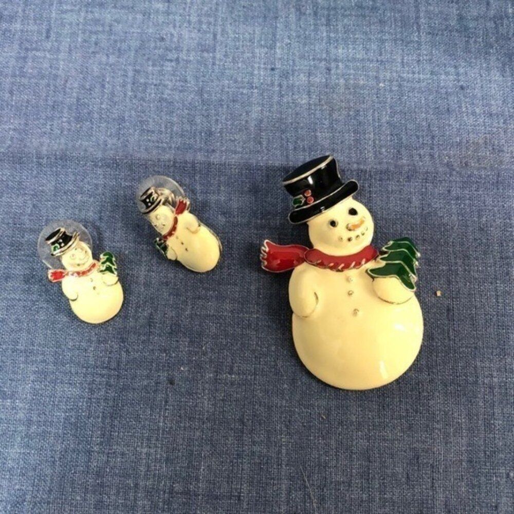 Vintage Snowman Brooch & Earrings Set With Red Scarf & Top Hat Christmas Jewelry